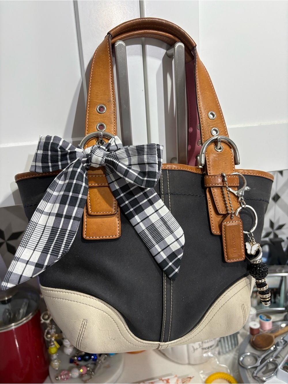 Coach Vintage Black Canvas Tote with Tan Leather Trim EUC scarf & charm not inc